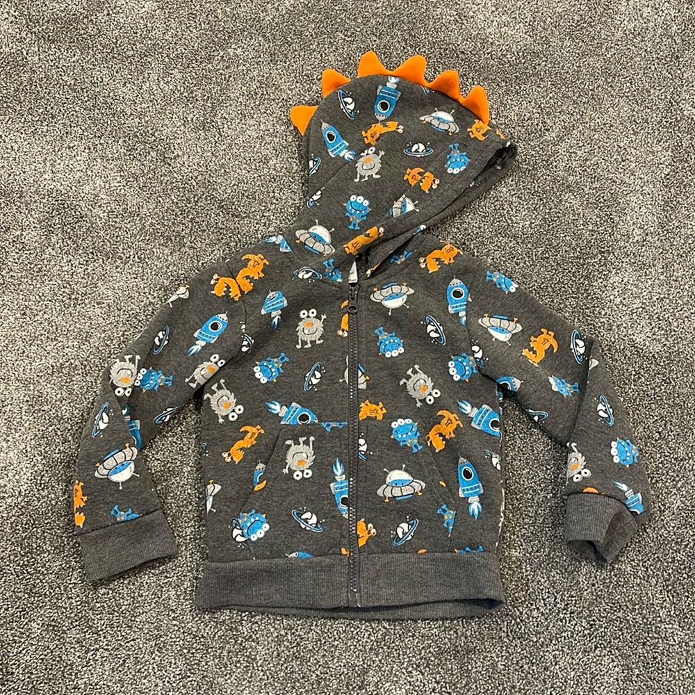 Kids Dinosaur Hooded Zip Sweatshirt - Gray with Orange & Blue